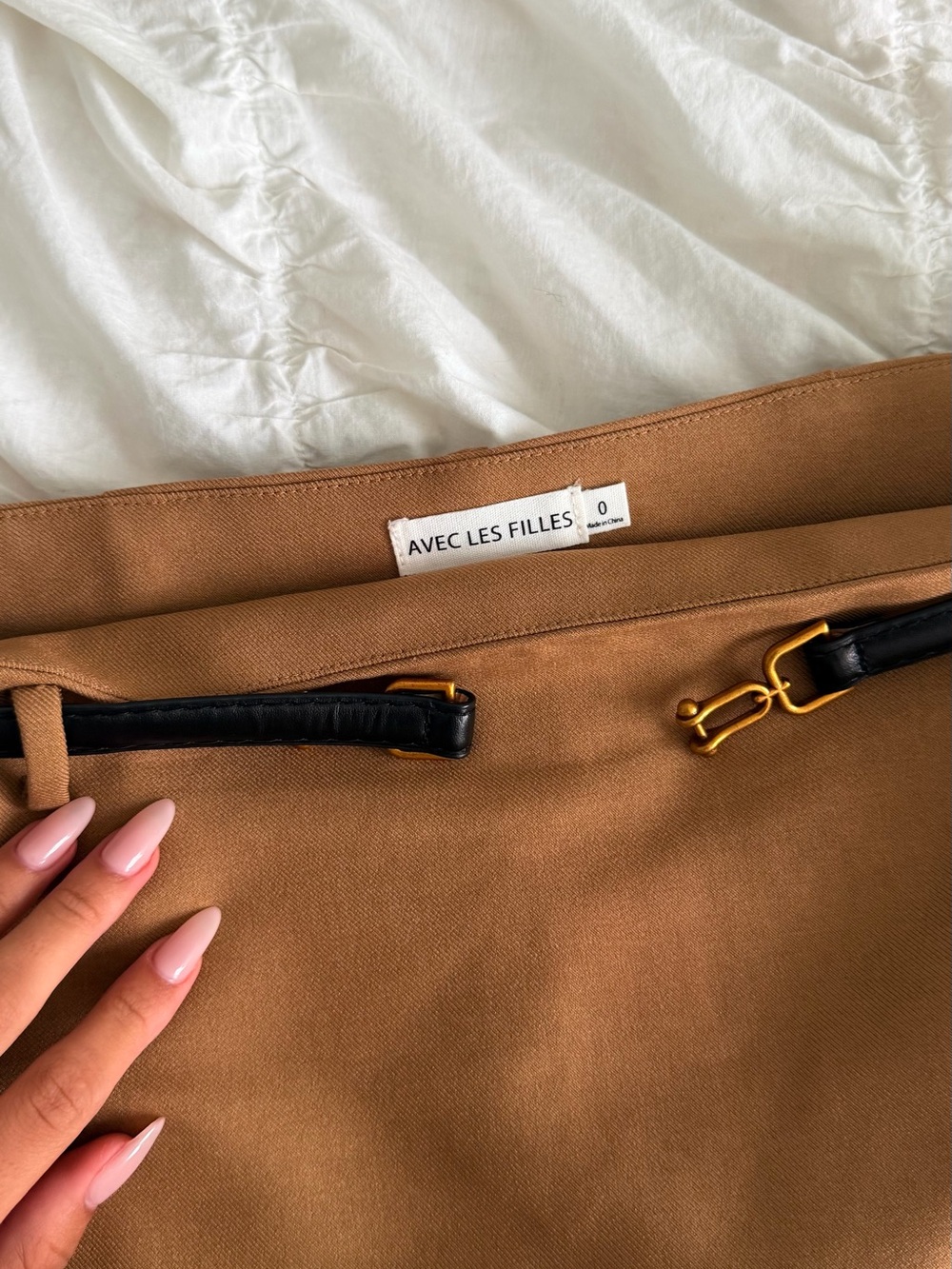 Avec Les Filles Camel Brown Pencil Skirt with Black Belt and Gold Hardware